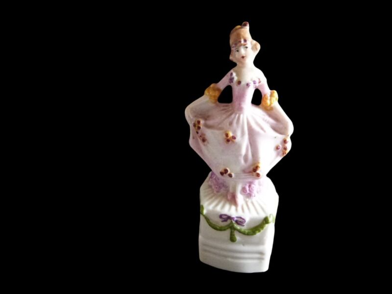 RARE ANTIQUE Figural Woman Pedestal Porcelain Tape Measure 15664 GERMANY 4"