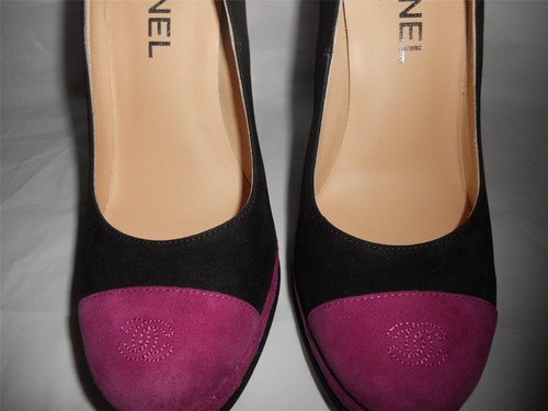 Pre-owned Chanel Suede Cap Toe Quilted Platform Pumps Heels Shoes Fuchsia Black $1095