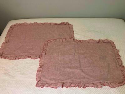 AMALIA HOME COLLECTION Red White Ruffled Linen King Size Pillow Shams Set 2