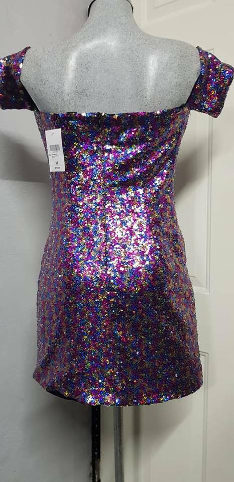 NWT Charlotte womens sequins multicolor bodycon off shoulder dress sz m msrp $29