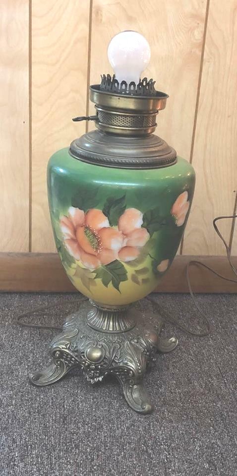 ANTIQUE Vintage Glass Parlor Hurricane Lamp Green Hand Painted Roses Brass Base