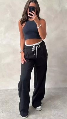 Women's White Waist band Wide Leg Trouser Ladies Drawstring Flare Trouser Pants