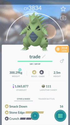 Pokemon Trade GO - Tyranitar Smack Down Level 40 & 2nd Charge for PVP Master