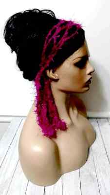 handmade crochet womans boho gypsy headband hair scarf tie wrap hot pink USA