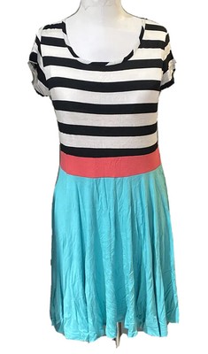 eloges Striped Black White Top Pink  Turquoise  Bottom Knit Flair  Dress Jr XL