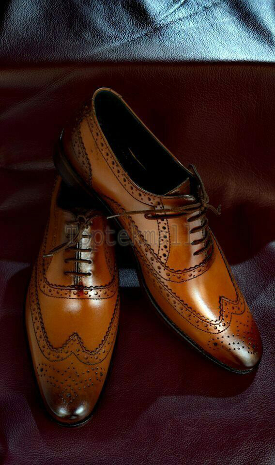 Pre-owned Handmade Men's Leather Tan Color Wing Tip Brogue Formal Oxfords Shoes-502