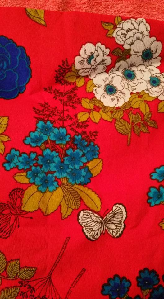 Vintage 2 YD HAWAIIAN TIKITEX Fabric Red with White/Blue Flowers & Butterfly