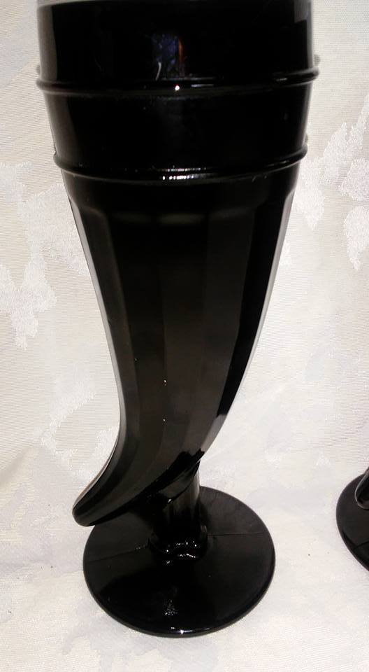 3 Black Tiara POWDER HORN Shaped BLACK GLASS PILSNER GLASSES Cornucopia RARE EUC