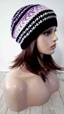 handmade crochet womans hat beanie puffs chi purple black puffs USA new