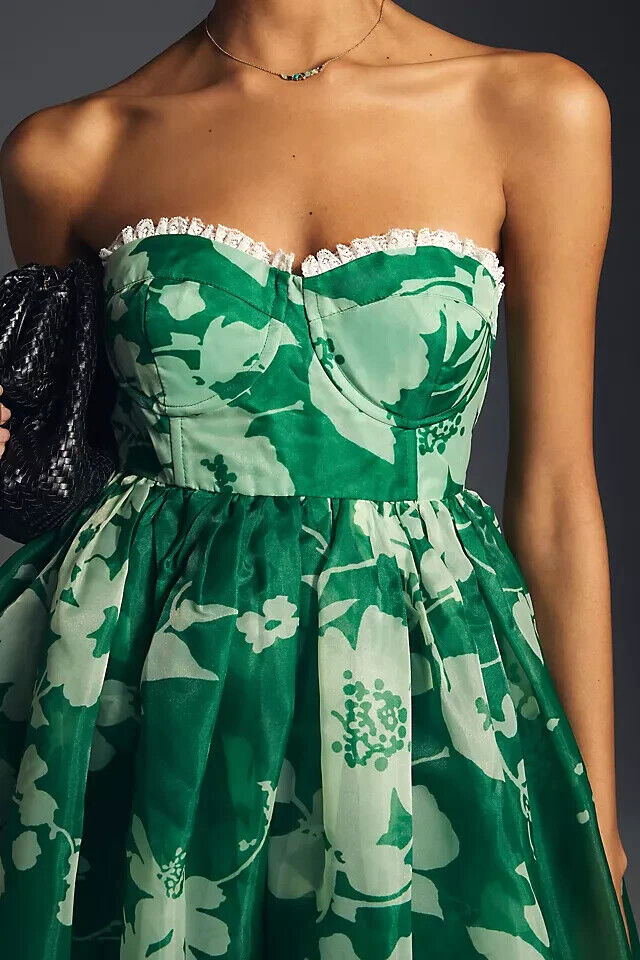 Pre-owned Selkie Anthropologie  Floral Corset Dress Puff Hem Green Tea Party Size L