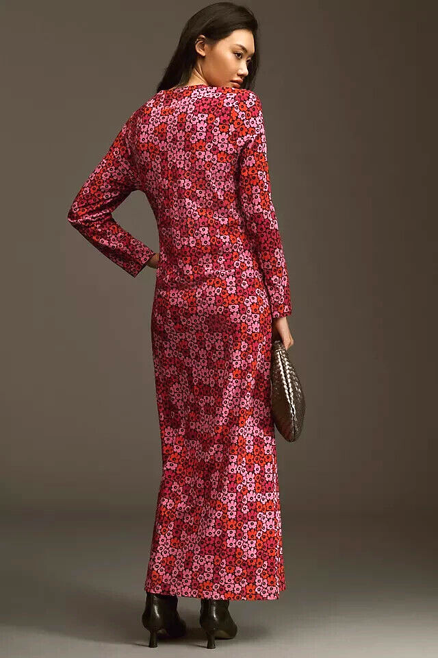 Pre-owned Marimekko Anthropologie  Maxi Dress Lae Pikkuinen Unikko Long Sleeve Size S In Red