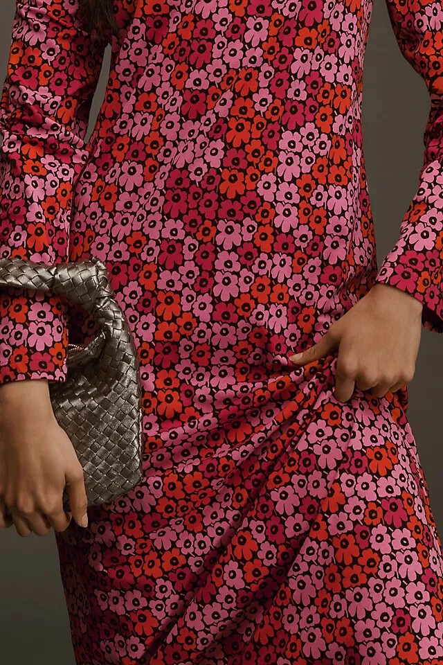Pre-owned Marimekko Anthropologie  Maxi Dress Lae Pikkuinen Unikko Long Sleeve Size S In Red