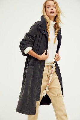 Free People Be Me Padded Parka Long Jacket, Black, X-Small UK 8-10, RRP $298