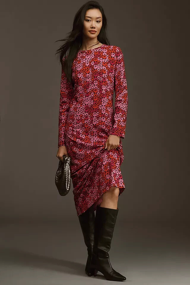 Pre-owned Marimekko Anthropologie  Maxi Dress Lae Pikkuinen Unikko Long Sleeve Size S In Red