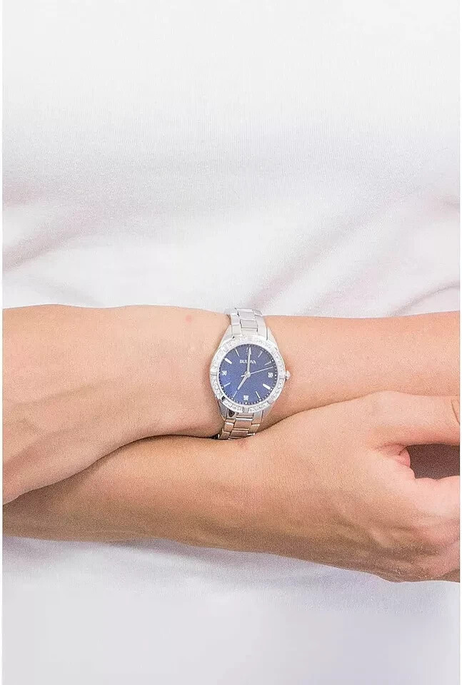 Pre-owned Bulova Blue Dial Sapphire Crystal Stainless Women's Diamond Watch $700 W29