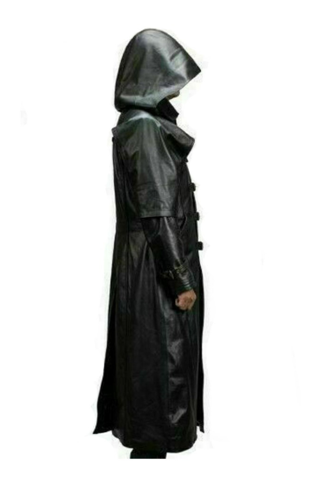 Pre-owned Leather Plush Mens Genuine Black Cowhide Leather Trench Coat Jacket Winter Long Coat With Hood