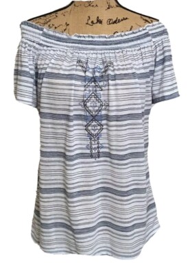 Fred David Women s Blue & White Top Sz M Off The Shoulder Blouse Linen Blend NWT