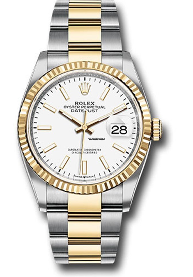 Pre-owned Rolex 126233 Datejust 36mm Two-tone Steel/yellow Gold Fluted Bezel White Index
