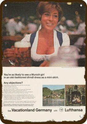 1968 LUFTHANSA AIRLINES Vintage Look Metal Sign Cute MUNICH GIRL in DIRNDL DRESS