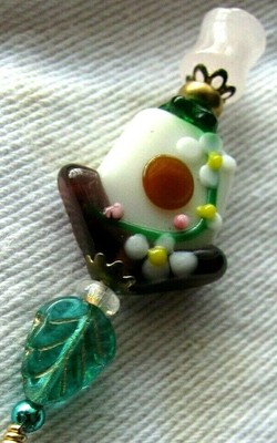 Happy Little Birdhouse Leaf Pendant of Lampwork and Rose Quartz Kirsten USA Made