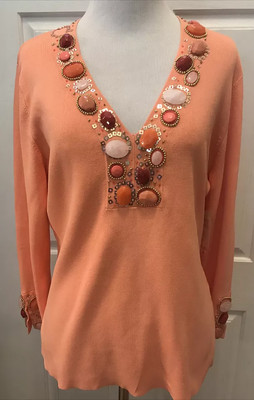 NWT JUST B Pullover 3/4 Sleeve LARGE Knit Stretch Beaded Top V-Neck Peach