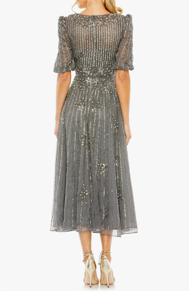 Pre-owned Mac Duggal Pewter Sequin Embellished Puff Sleeve Cocktail Dress Size 8 $598 In Gray
