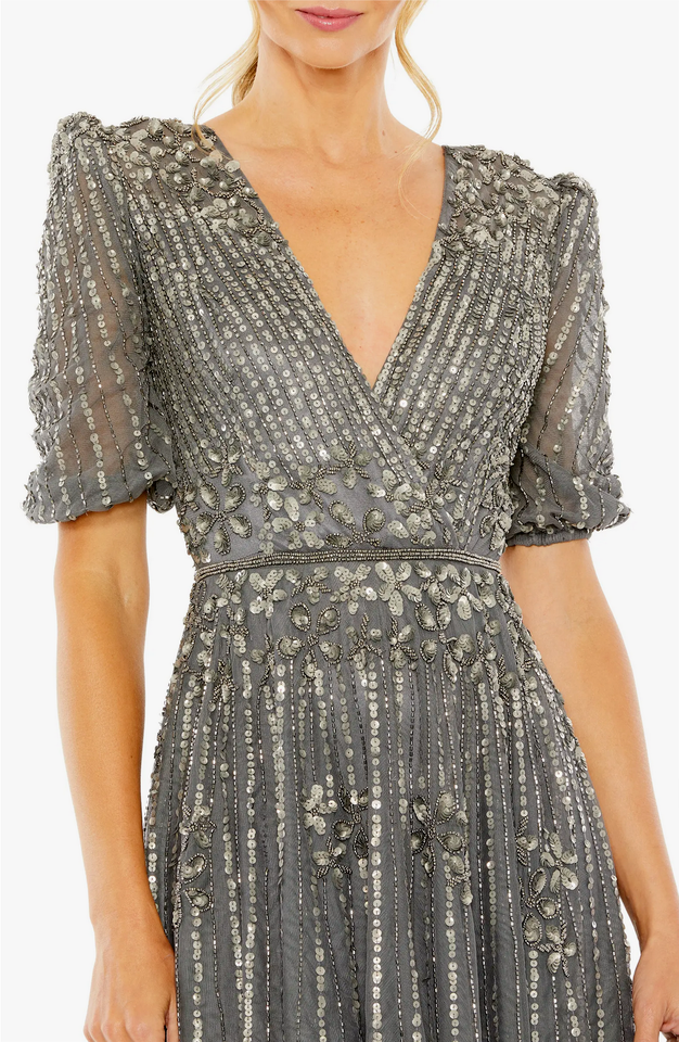 Pre-owned Mac Duggal Pewter Sequin Embellished Puff Sleeve Cocktail Dress Size 8 $598 In Gray