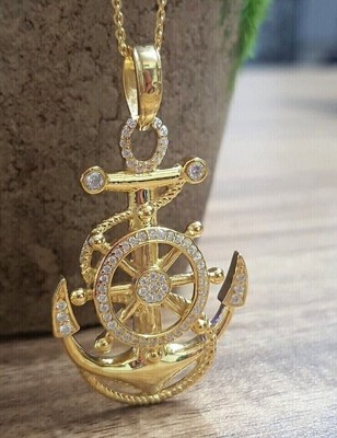 2 Ct Round Simulated Diamond Men's Anchor Charm Pendant 14k Yellow Gold Finish