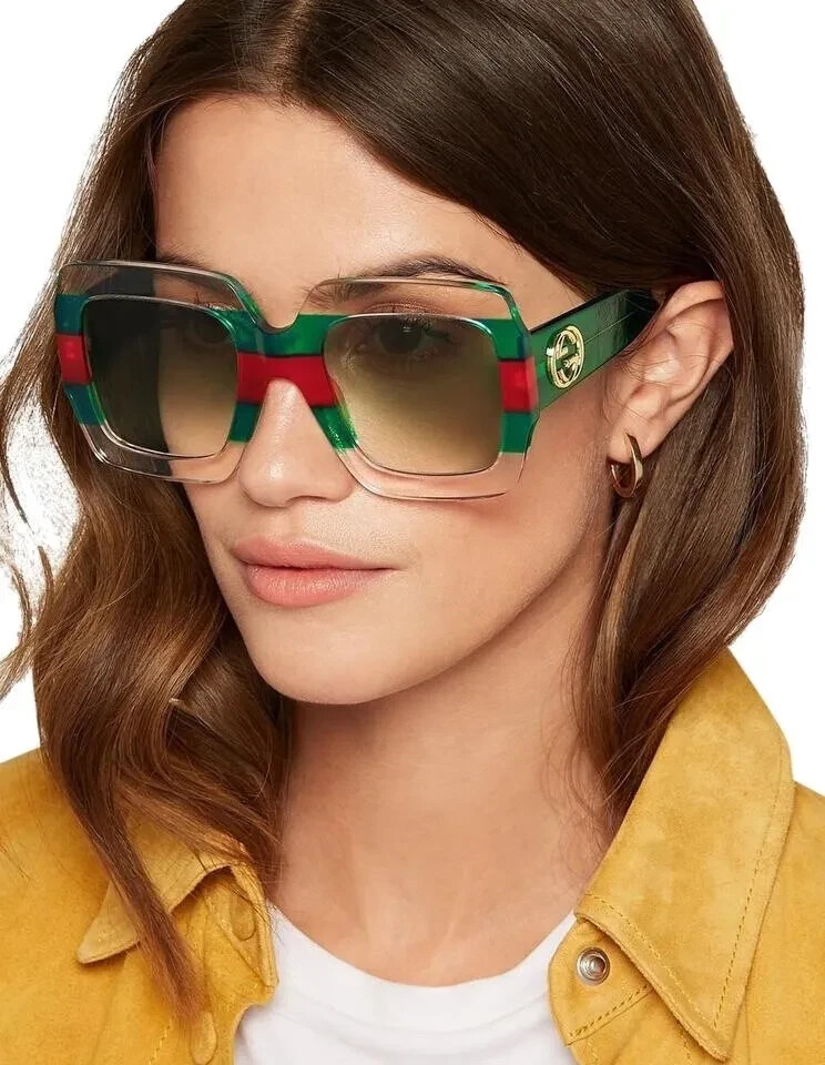 Pre-owned Gucci Gg0178s 001 Crystal Green Red Multicolor Square Sunglasses Authentic 54mm