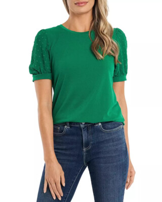 Cece Blouse Women's Size M  Short Puff-Sleeve Top Spring Green Office Casual