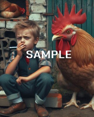 VINTAGE CHILD SMOKING CIGARETTE NEXT TO GIANT CHICKEN Photo  (235-A)