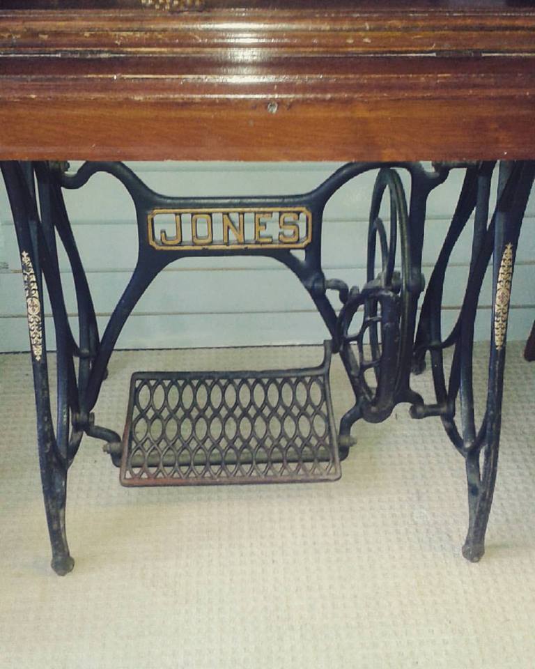 Vintage Cast Iron Jones Sewing Machine Treadle Base and wooden table