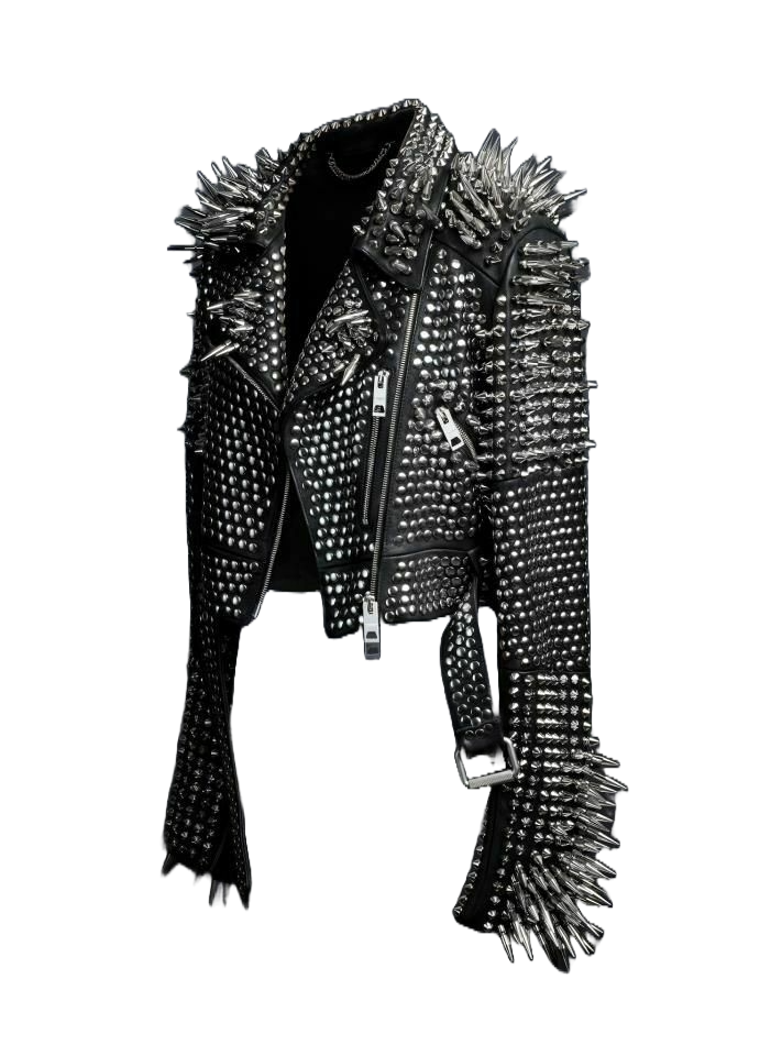 Pre-owned Handmade Unisex Multi Punk Rock Heavy Metal Long Spiked Studded Motorcycle Leather Jacket In Black