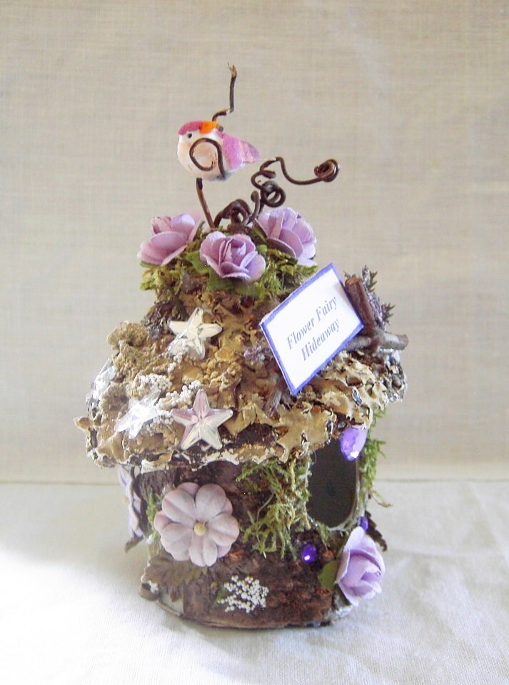 Fairy Garden Mini FLOWER FAIRY HIDEAWAY Moss LAVENDER ROSES Miniature DollHouse