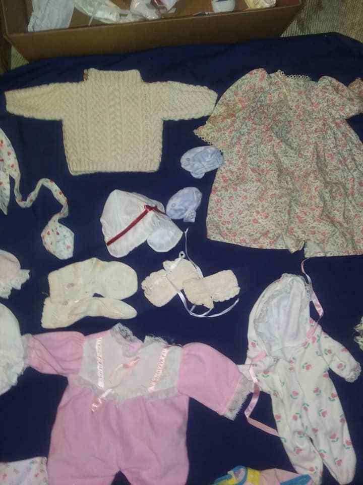 45 Piece  Lot Baby Doll & Bear Clothes Vtg Outfits  bonnets  shoes booties