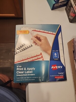 Avery 11432 Print & Apply Clear Label Dividers 8-Tab 5 Sets Unpunched NEW Sealed