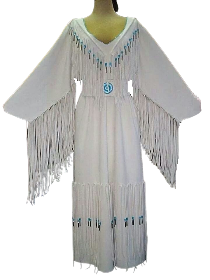 Pre-owned Powwow Regalia Womens White Leather Long Fringes Wedding Dress Beaded Belt  Wd278
