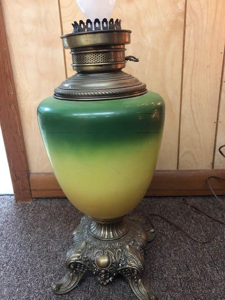 ANTIQUE Vintage Glass Parlor Hurricane Lamp Green Hand Painted Roses Brass Base