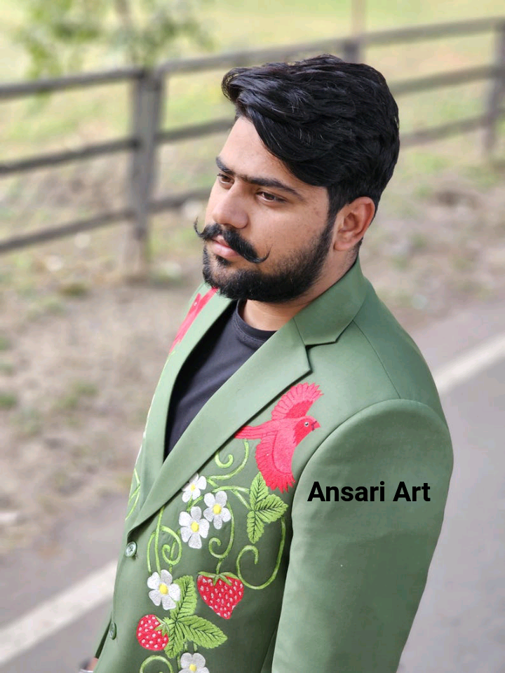 Pre-owned Art Men Custom Made Green Cotton 2pc Suit Country Western Hand Embroidered Outfit