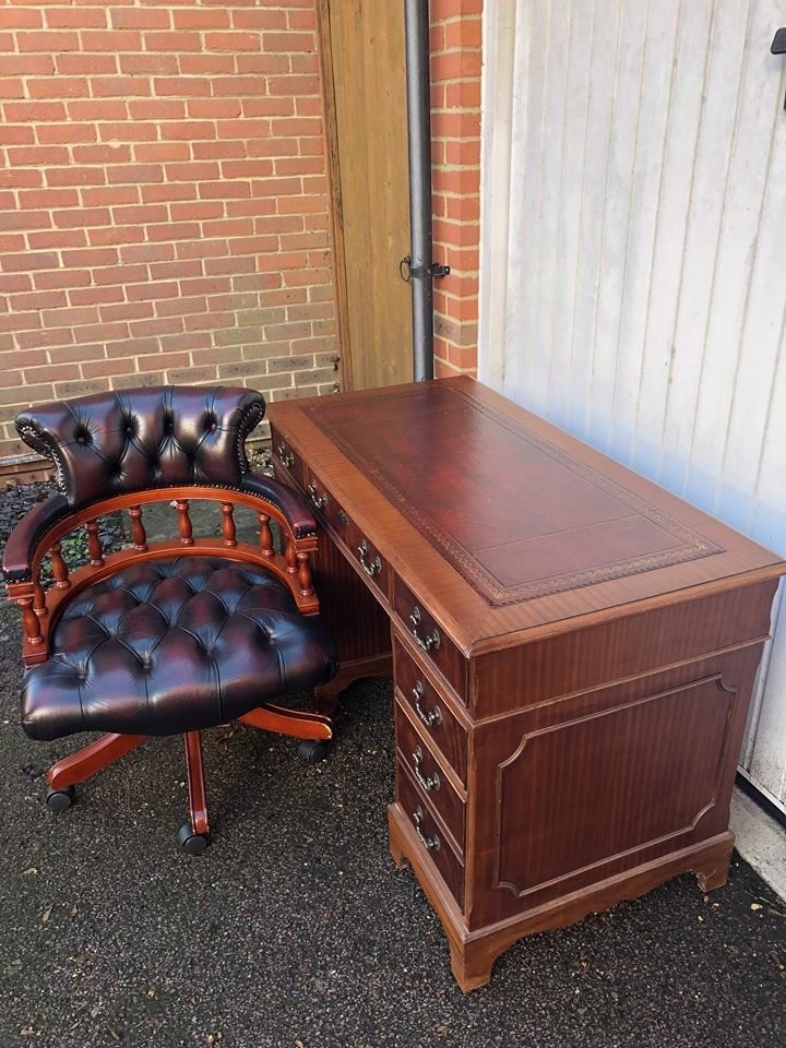 Chesterfield Captains Chair and Twin Pedestal Office Desk with Red Leather top & Key in