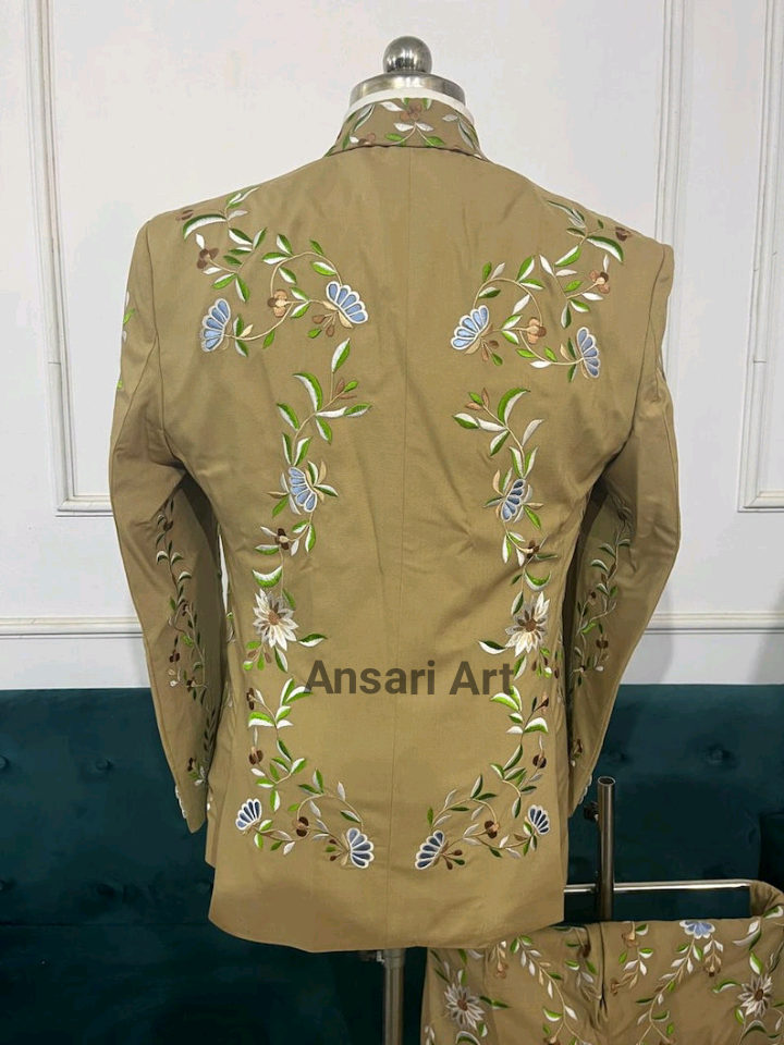 Pre-owned Art Men 2pc Beige Cotton Suit Personalized Floral Embroidered Notch Lapel Designer