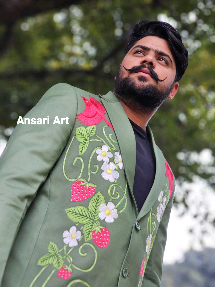 Pre-owned Art Men Custom Made Green Cotton 2pc Suit Country Western Hand Embroidered Outfit