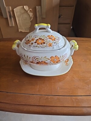 Vintage Flower Canyon Nasco Earth Stone Harvest Kitchen Tureen & Tray 13''