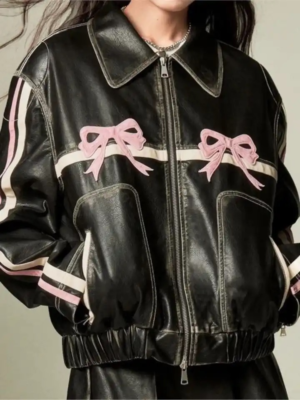 Women Black Leather Bomber Jacket Moto Diddi Moda style pink 