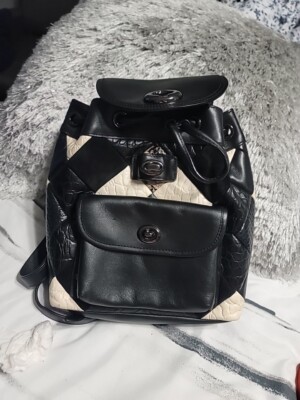 COACH Black Patten Leather Mini Turnlock Rucksack Backpack 