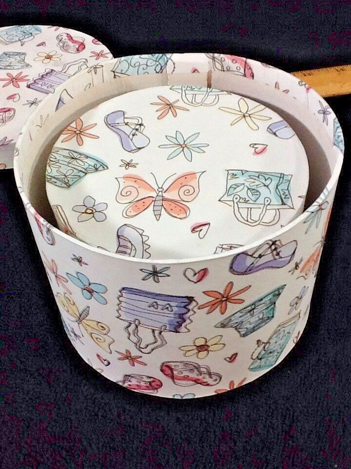 Small Hatbox Nesting Qty 2 Whimsical Themed 5.5 x 4 circle 4.5 x 3.5 White Pink