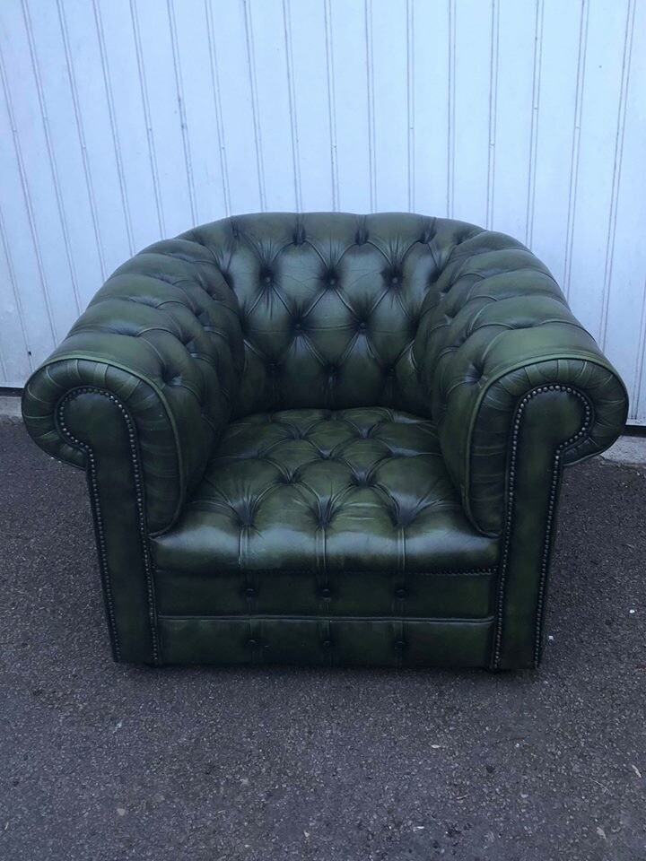 Green Leather Chesterfield Button Club Chair Sofa Fully Buttoned