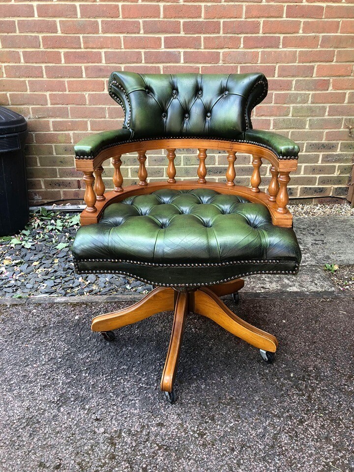 Antique Green Leather Chesterfield Captains Chair (CONTACTLESS DELIVERY