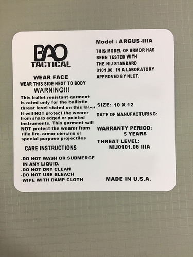 BAO Tactical V3 Level IIIA 10x12 Shooter's Cut NIJ 0101.06 Body Armor Panel