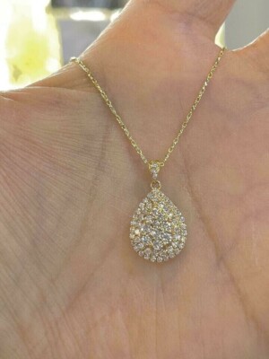 1.60Ct Round Lab Created Diamond 14k yellow gold Plated Cluster Pendant Necklace
